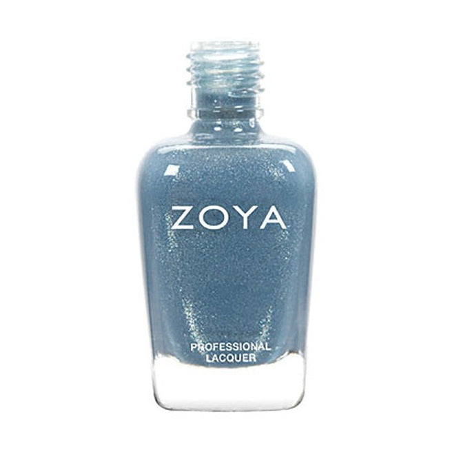 Zoya Skylar nail polish bottle with vibrant blue shade and sleek branding, showcased on a white background.
