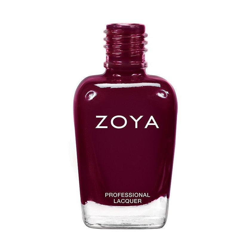 Zoya Toni nail polish bottle with deep plum-colored liquid and minimalist label, showcasing vibrant color and sleek design.