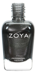 Close-up of Zoya Tris nail polish bottle with the polish brush and color swatch showing the vibrant nail polish shade.