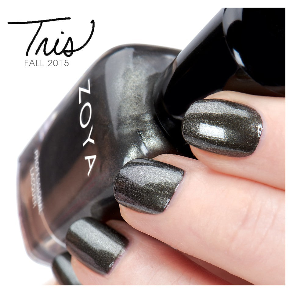 Zoya Tris nail polish bottle with a sleek design, showcasing the Zoya brand and the vibrant nail polish color inside.