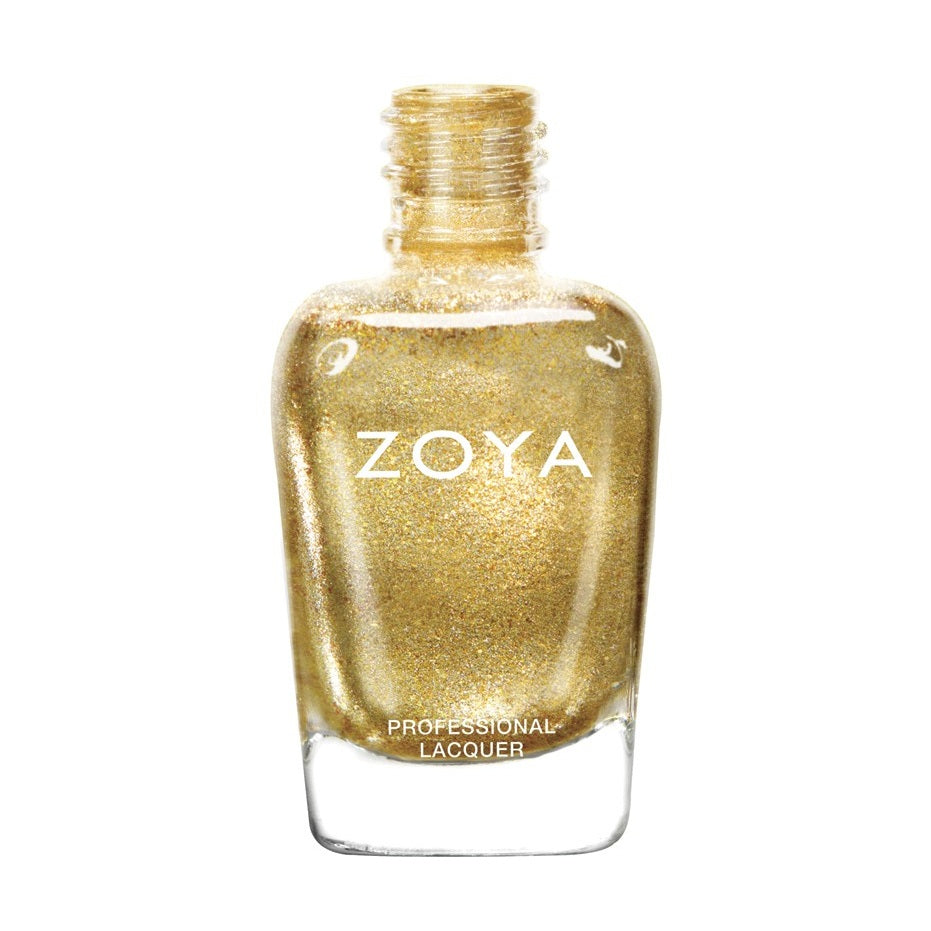 Zoya Ziv nail polish bottle with metallic gold cap and clear glass showcasing vibrant gold metallic nail polish inside.