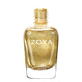 Zoya Ziv nail polish bottle with metallic gold cap and clear glass showcasing vibrant gold metallic nail polish inside.