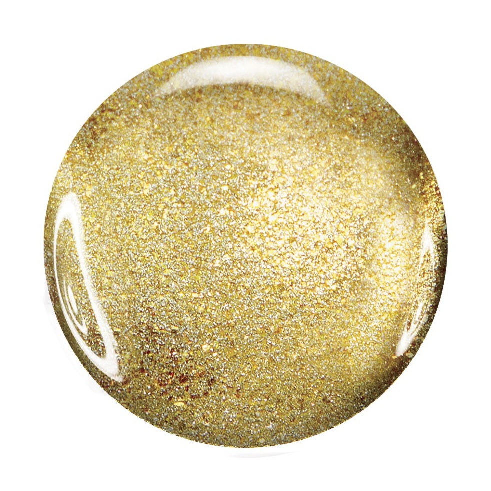 Zoya Ziv nail polish bottle with metallic gold cap and clear glass showcasing vibrant gold metallic nail polish inside.